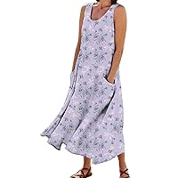 Women's 2024 Summer Cotton Round Neck Sleeveless with Pocket Retro Floral Breathable Dress Long Dress