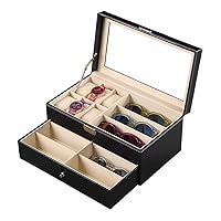 Watch Box- Mens Watch Organizer Jewelry Display Case, Collection Jewelry Box Storage, Lockable Watch Case Bracelet Tray with Glass Top Faux Leather