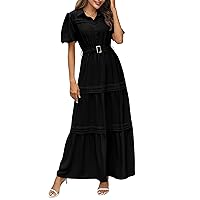 PRETTYGARDEN Women's Summer Maxi Dress Puff Short Sleeve Lapel V Neck Tiered A Line Flowy Elegant Party Dresses with Belt