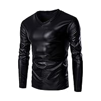 Mens Shirts Tunic Tops Metallic Shiny Wet Look T-Shirt Patent Leather Hip Hop Nightclub Party Blouse