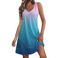 Womens Summer Sundress with Pocket 2024 Trendy Gradient Color V Neck Sleeveless Mini Tank Dresses Vintage Floral Dress