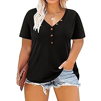 RITERA Plus Size Women Tops Casual Summer Henley Tunic Top V Neck Short Sleeve Button Up Solid Loose Fit Shirt Blouses Black 3XL