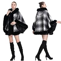 Dazzle Plaid Faux Fur Cloak Coat Hooded Big Thicken Woolen Overcoat Women Winter Warm Cape Cardigan