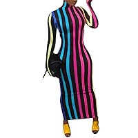 Women's Colorful Striped Long Clubwear Casual Ankle Length High Neck Bodycon Multicolor Maxi Dresses