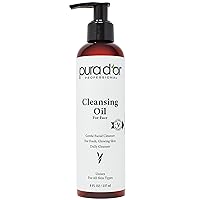 PURA D'OR 8 Oz Facial Cleansing Oil - Nourishing Botanical Blend with & Vitamin, Jojoba and Sunflower Oil - Gentle Makeup Remover & Deep Cleanser For Healthy, Glowing Skin - Paraben-Free Beauty
