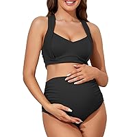 Summer Mae Maternity Swimsuit Two Piece Ruched Bikini Set High Wasited Bathing Suit Full Coverage Pregnancy Swimwear