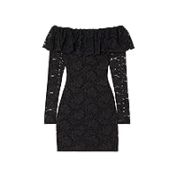 Alessia Solid Black Off-The-Shoulder Ruffled Stretch-lace Mini Dress