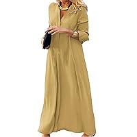Women's 2024 Casual Long Dresses Elegant Flowy Swing V Neck Long Sleeve Occasion Cotton Maxi Dress