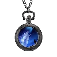 Howling Wolf Custom Quartz Pocket Watch Classic Vintage with Chain Arabic Numerals Scale