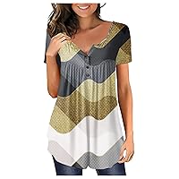 Womens Blouses and Tops Dressy Henley V-Neck Swing Trendy Short Sleeve Loose Button Down Summer Tops for Women 2024