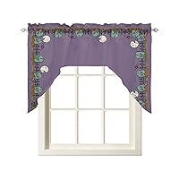 Halloween Kitchen Curtains Swag Valance for Windows/Bathroom/Cafe, Rod Pocket Drape Panel Swag Curtains Valance for Bedroom/Living Room 55''x36'' Purple Black Night Moon Tombstone Bat