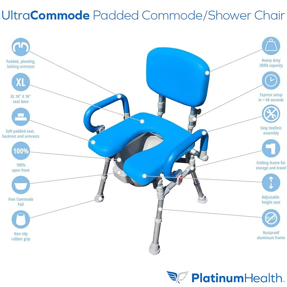 UltraCommode™ Foldable Commode and Shower Chair, Soft, Warm, Padded, Portable and Foldable XL Toilet Seat with Open Front, Padded Pivoting Armrests, Adjustable Height, Includes Free Commode Pail, Blue