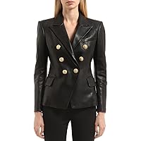 Women’s Black Genuine Sheepskin Notched Collar Outfit Smooth Office Coat Leather Blazer Leather
