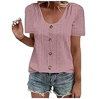 Womens Tops Eyelet Embroidery Summer Fashion Clothes Y2K Going Out Top Front Button Casual Short Sleeve Blouse T Shirts