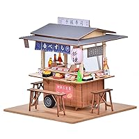 DIY Wooden Dollhouse Japanese Style Trolley Dining Car Street Sushi Food Truck 3D Miniature Assembled Toys Creative Gift with LED Lights