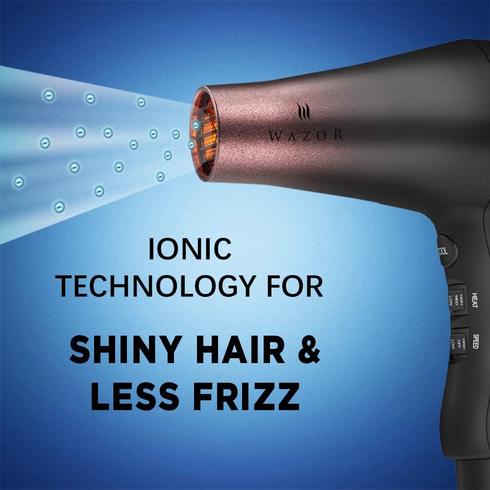 Wazor Professional Ionic Hair Dryer with Diffuser, Infrared Salon Grade Blow Dryer with Comb Attachment, 1875W Powerful Quiet Hair Blow Dryer, Tourmaline Ceramic Hairdryer with Nozzle, Black
