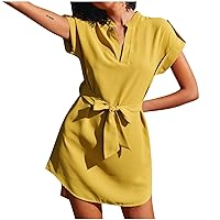 Womens Summer Dresses Notch V Neck Rolled Short Sleeve Belted High Low Curved Hem Shirt Dress Office Ladies Work Tunic Dress