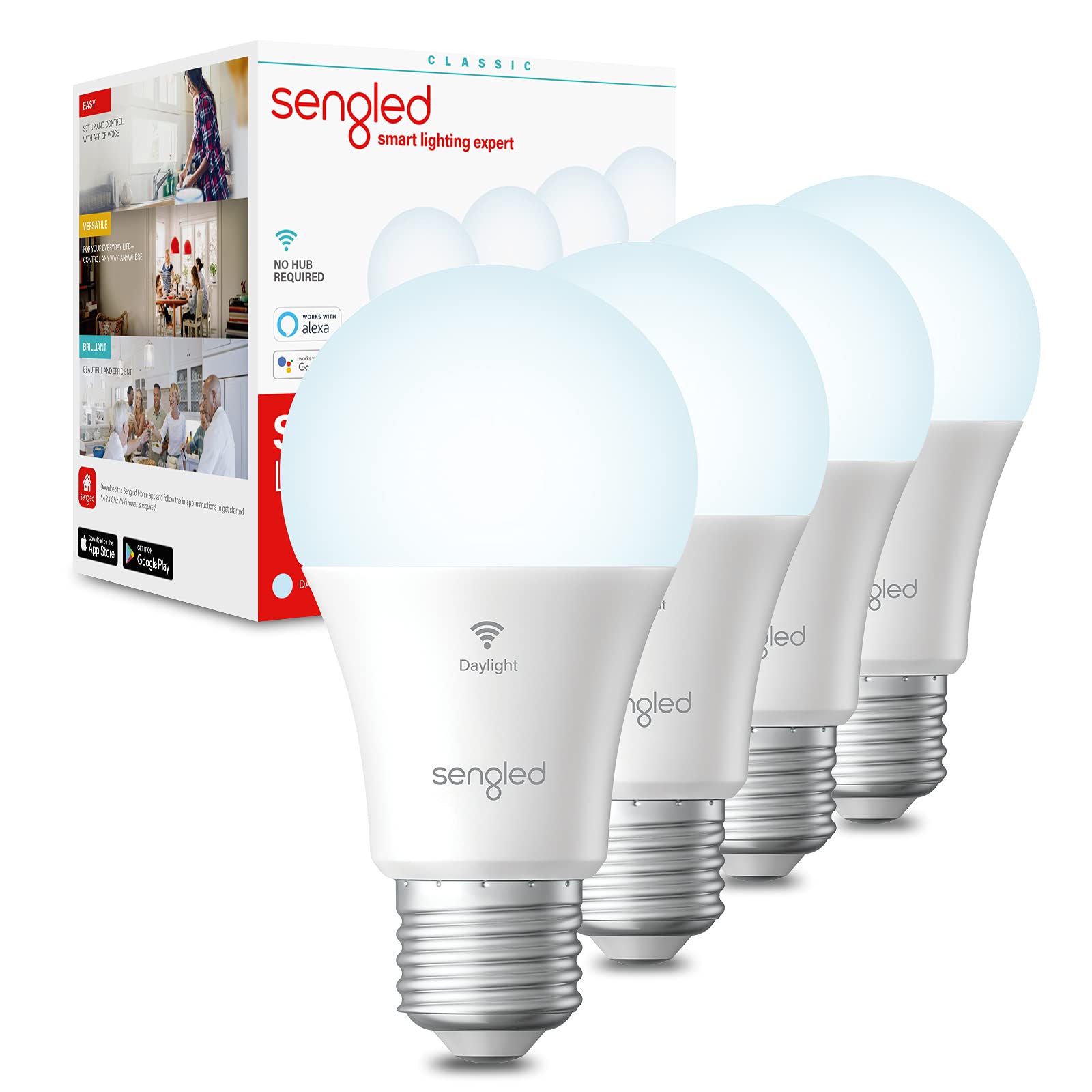 Sengled Alexa Light Bulb, WiFi Bulbs, Smart Bulbs, Smart Bulbs That Work with Alexa and Google Assistant, A19 Daylight (5000K) No Hub Required, 800LM 60W High CRI90 Equivalent, 4 Pack