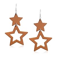 Unique Handmade Boho Leather Star Dangle Drop Earrings Creative Personalized Long Large Double Hollow Star Earrings for Women Girls Summer Holiday Wedding Earrings Jewelry Gifts