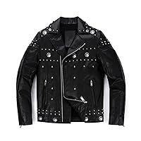 PALALEATHER Men's Black Rivet Patched Punk Genuine Leather Moto Biker Jacket