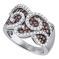 The Dimond Deal 10kt White Gold Womens Round Brown Diamond Swirled Cocktail Ring 1.00 Cttw
