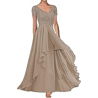 Mother of The Bride Dresses for Wedding 2024 Chiffon V Neck Formal Evening Dresses with Short Sleeves for Women YB35