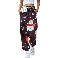 Womens Autumn and Winter Casual and Comfortable Versatile Temperament Christmas Print Drawstring Tie Up Pants
