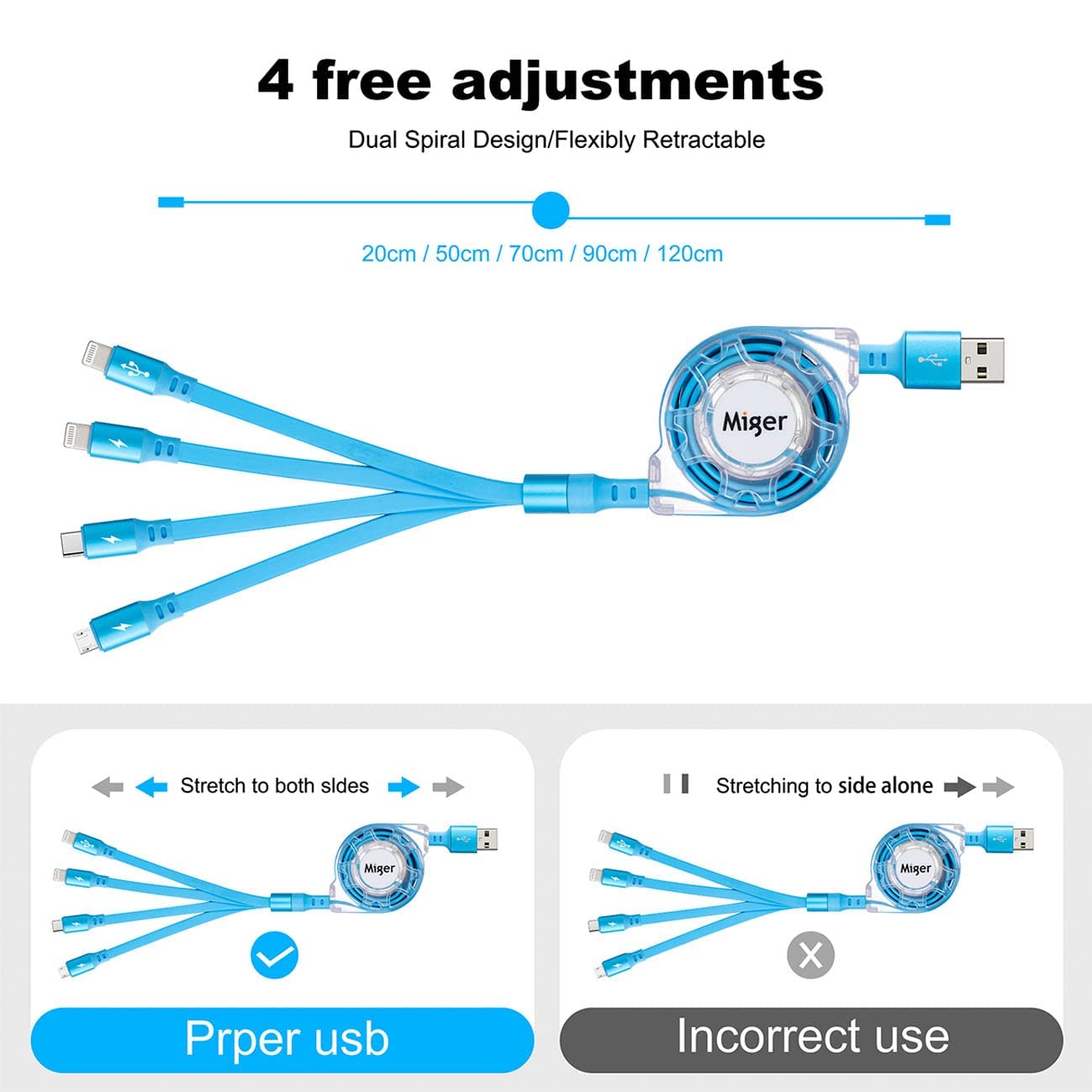 Multi Charging Cable 4A 2Pack 4Ft Retractable Fast Charger Cable 4 in 1 Multi Charging Cord USB Cable with Lightning/Type C/Micro USB Ports for Cell Phones,iPhone,iPad,Samsung Galaxy,Tablets and More