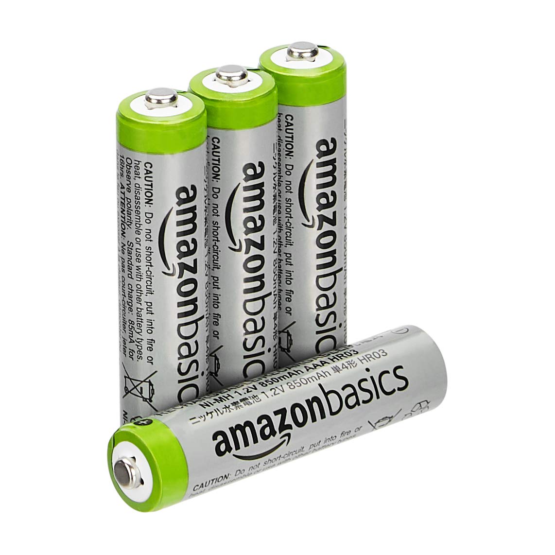 Amazon Basics 4-Pack Rechargeable AAA NiMH High-Capacity Batteries, 850 mAh, Pre-Charged