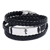 Multilayer Wrap Leather Three Crossbeams Russian Orthodox Cross Bracelet Eastern Orthodox Christian Bangle Catholic Christ Jesus Protection Jewelry for Church Baptism Communion,Silver