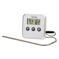 Taylor Programmable Instant Read Wired Probe Digital Meat Food Grill BBQ Cooking Kitchen Thermometer with Alarm, White