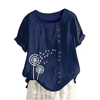 Plus Size Tops for Women Linen Dandelion Print Shirts Square Neck Button Down Loose T Shirt Summer Casaul Blouses