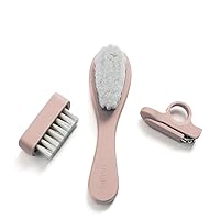 Baby Grooming Kit Set | Ultra-Soft Natural Bristle Hair Brush, Nail Clippers & Nail Brush | Wood with Silicone Sleeve | Soft Blush