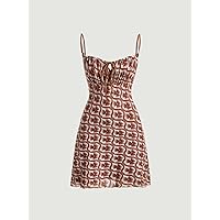 Dresses for Women Allover Print Tie Front Ruched Bust Cami Dress (Color : Multicolor, Size : X-Small)
