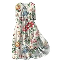 Women's 3/4 Sleeve Shirt Dresses Linen Cute Floral Print Button Down Tie Waist Dress Casual Flowy Summer Beach Dress