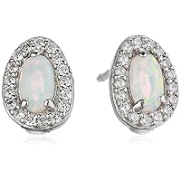 Amazon Collection Rhodium Plated Sterling Silver Created Opal and Cubic Zirconia Halo Earrings