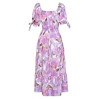 Womens Casual Summer Dress Ladies Casual Sexy V Neck Printed Waist Retracting Bubble Sleeve Dress
