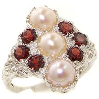 925 Sterling Silver Cultured Pearl and Garnet Womens Band Ring