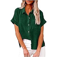 Womens Cotton Linen Shirts Rolled Cuffed Short Sleeve Casual Collared Button Down Shirt V Neck Tops Casual Blouses