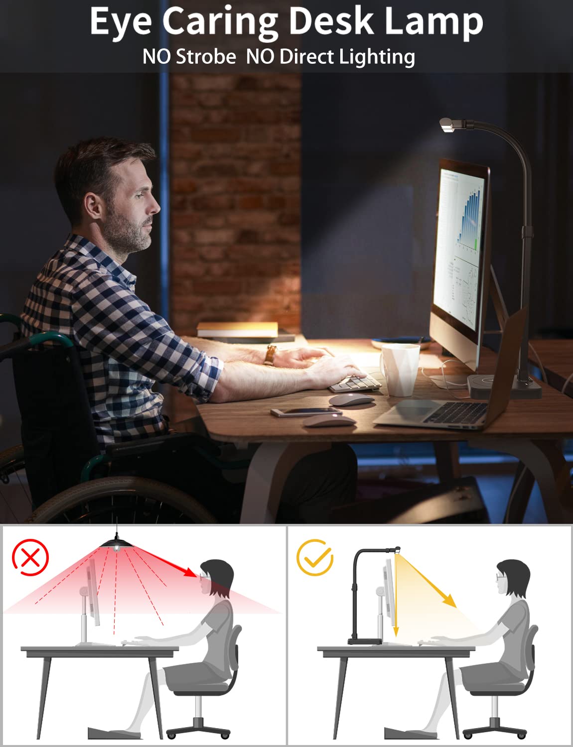 AKRRYR LED Desk Lamp for Home Office, Double Head 24W Desk Lamp with USB Charging Port & Wireless Charger, Architect Desk Light 5 Lighting 5 Brightness Flexible Gooseneck Table Light for Reading Study
