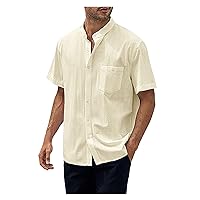 Men's Summer Pocketed Short Sleeve Beach Shirts Banded Collar Lightweight Cotton Linen Button Down Casual Solid Tops
