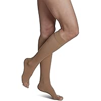 SIGVARIS Men’s & Women’s Essential Opaque 860 Open Toe Calf-High Socks 30-40mmHg- Extra Large Short - light beige (crispa)