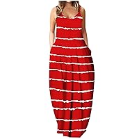 Women's Casual Dress Printing Camisole Maxi Dress Long Dress Baggy Loose Dress Sleeveless with Pocket Summer Sundress Daily Wear Streetwear(17-Red,8) 0540