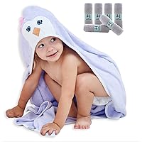 HIPHOP PANDA Baby Washcloths, 6 Pack and Baby Hooded Towel, Purple Penguin, 37.5 x 37.5 Inch