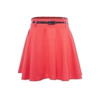 Oops Outlet Women's Plain Flared Belted Flippy Skater Skirt Plus Size (US 12/14) Coral