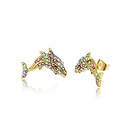 Hypoallergenic Stud Earrings for Girls Cute Animals Stud Sterling Silver Earrings Unicorn Dolphin Rainbow Cubic Zirconia Gold Plated Shiny Jewelry Birthday Party Gift for Women Girls