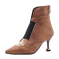 BIGTREE Womens Ankle Boots Elegant Pointed Toe Autumn Zipper Mid Heel Vintage Stitching Chic Fahion Booties
