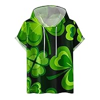 Mens Short Sleeve Hoodie T-Shirt St. Patrick's Day Shirts Green Lucky Shamrock Print Blouse Sports Workout Gym Hooded Tops
