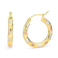 14k REAL Tri Color Gold 3mm Thickness Hinged Diamond Cut Hoop Earrings - 6 Different Size Available
