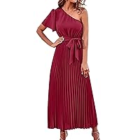 Womens Summer 2023 New Solid High Waist Lace Up Elegant Inclined Shoulder Strapless Hem Pleated Petite Dresses